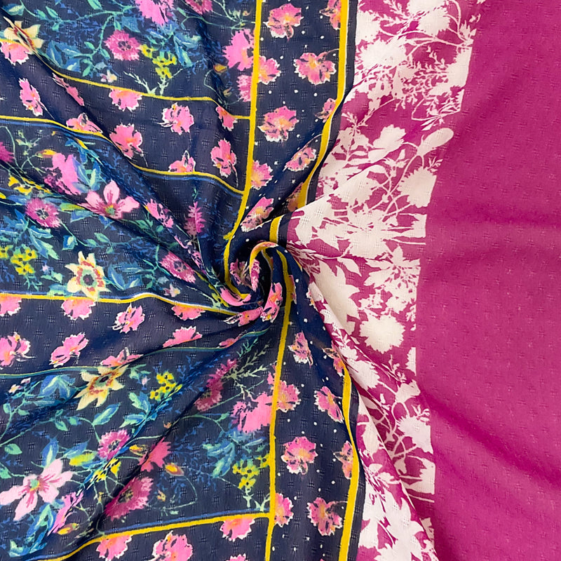 Blue-Multi Poly Stripe Floral Border Print Dobby Chiffon Woven Fabric