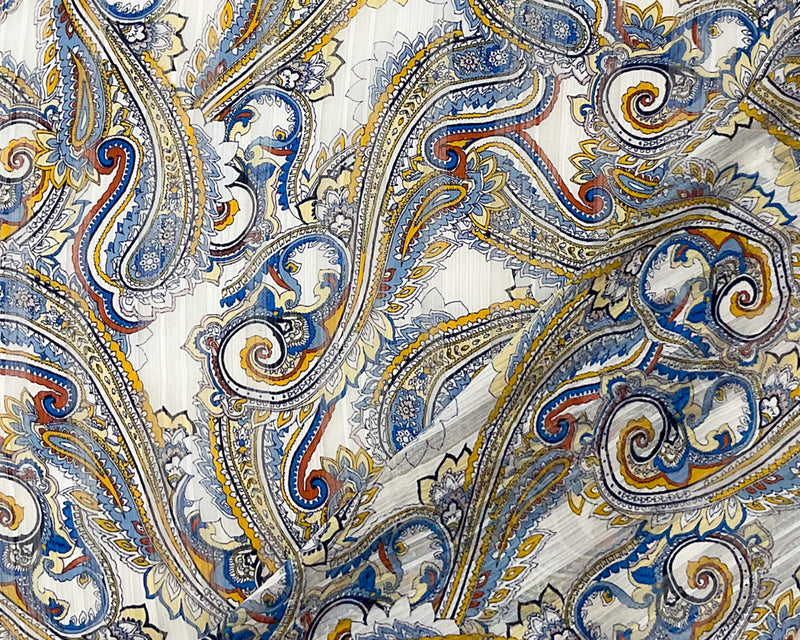 Blue-Multi Poly Paisley Printed Satin Stripe Chiffon Woven Fabric
