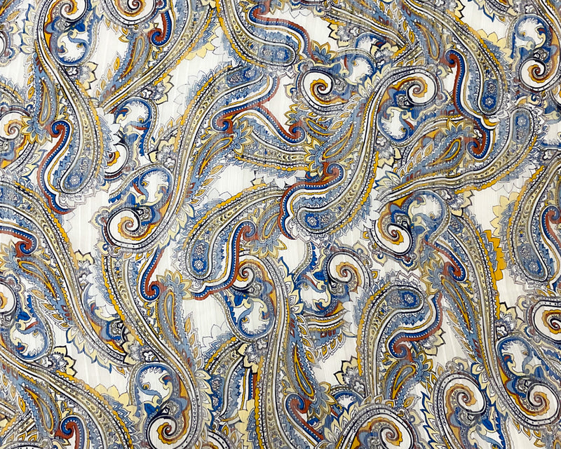 Blue-Multi Poly Paisley Printed Satin Stripe Chiffon Woven Fabric
