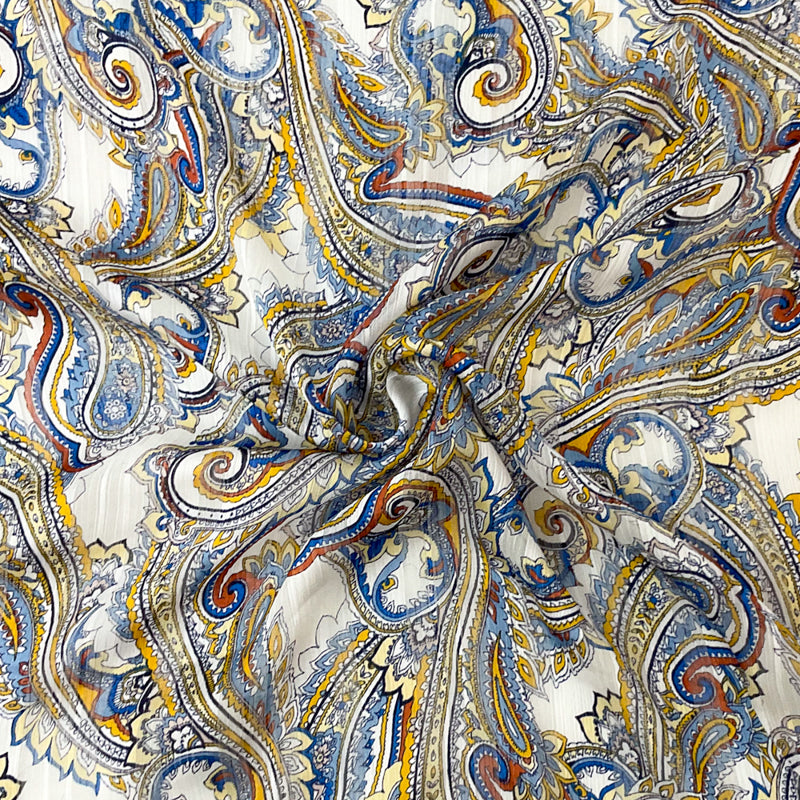 Blue-Multi Poly Paisley Printed Satin Stripe Chiffon Woven Fabric