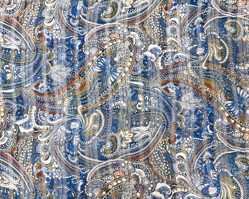 Blue-Multi Poly Paisley Printed Satin Stripe Chiffon Woven Fabric