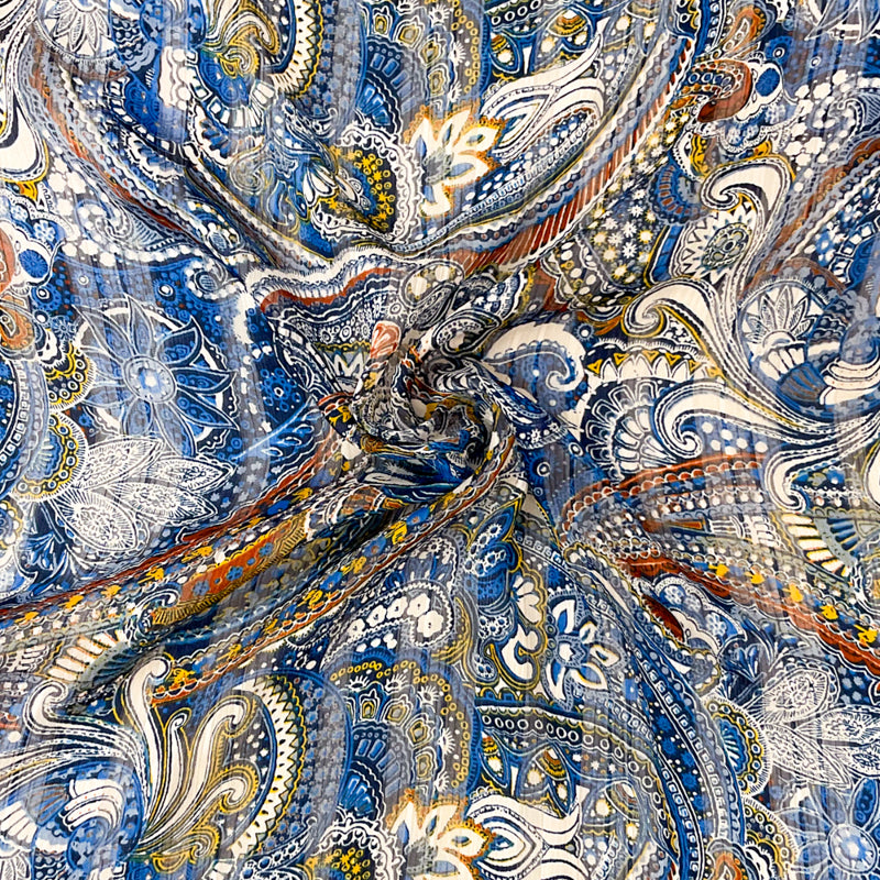 Blue-Multi Poly Paisley Printed Satin Stripe Chiffon Woven Fabric