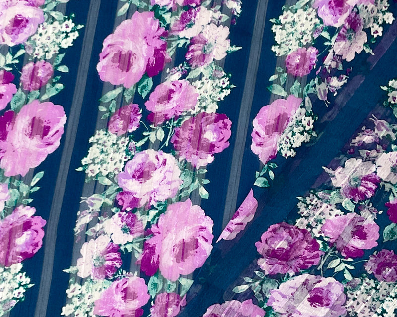 Blue-Multi Poly Floral Printed Satin Stripe Chiffon Woven Fabric