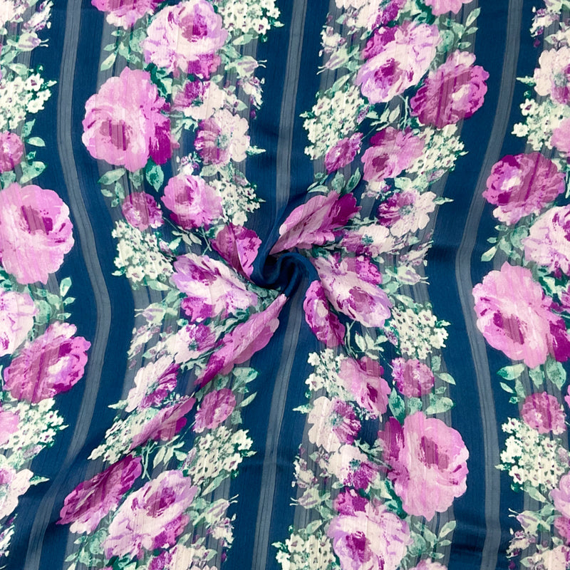 Blue-Multi Poly Floral Printed Satin Stripe Chiffon Woven Fabric