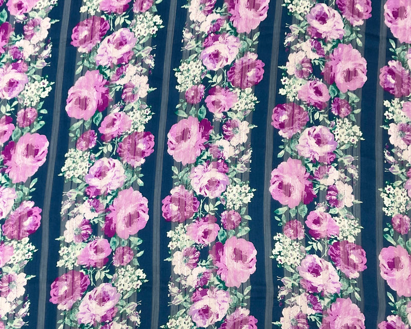 Blue-Multi Poly Floral Printed Satin Stripe Chiffon Woven Fabric
