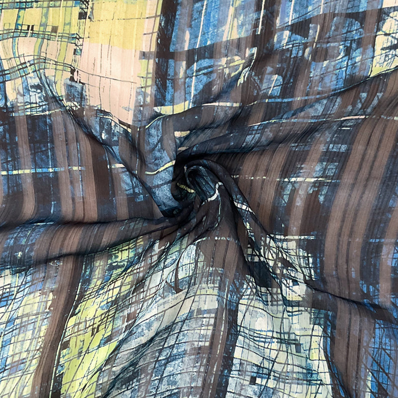 Blue-Multi Poly Abstract Print Satin Stripe Chiffon Woven Fabric