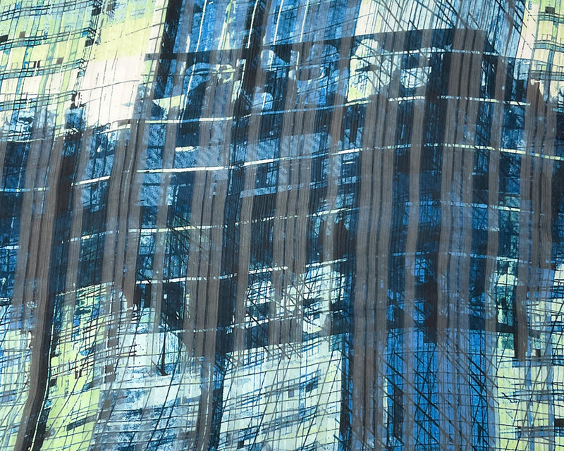 Blue-Multi Poly Abstract Print Satin Stripe Chiffon Woven Fabric