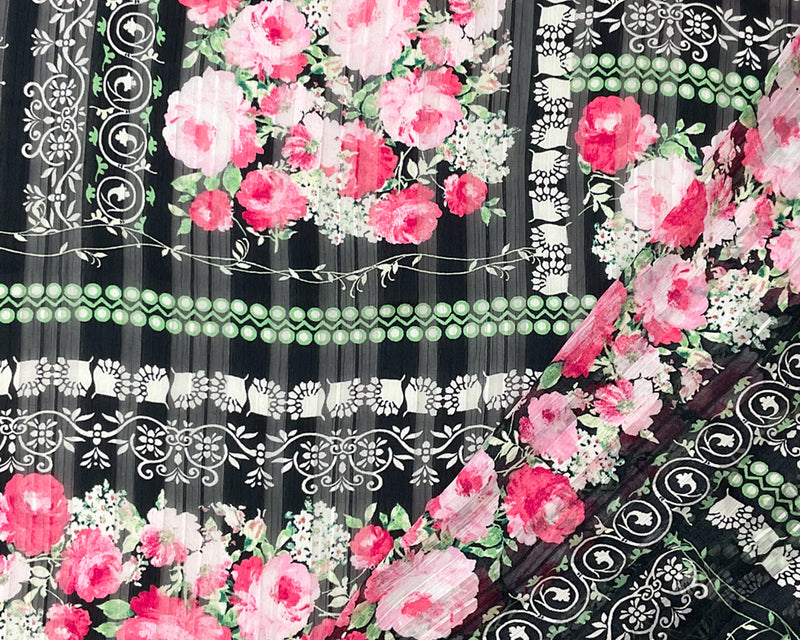 Black-Multi Poly Floral Printed Stripe Satin Chiffon Woven Fabric