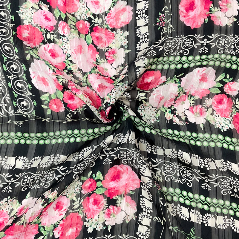 Black-Multi Poly Floral Printed Stripe Satin Chiffon Woven Fabric