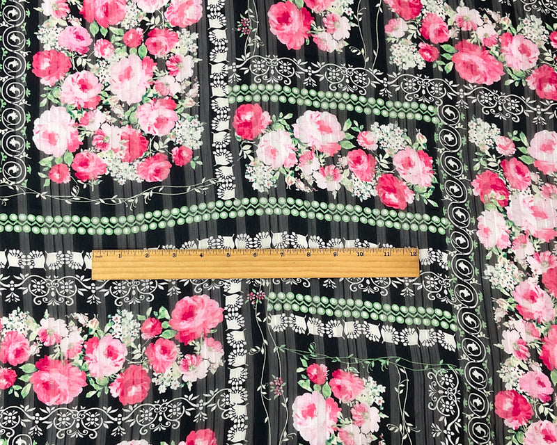 Black-Multi Poly Floral Printed Stripe Satin Chiffon Woven Fabric