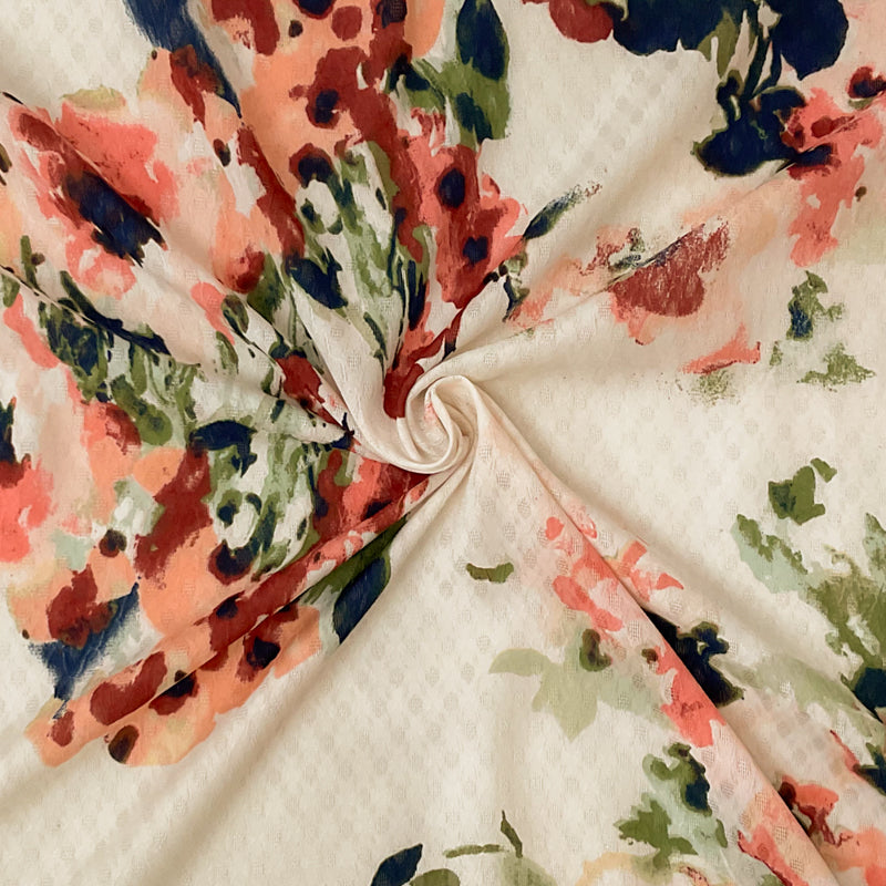 White-Multi Poly Floral Print Ogee Shape Dobby Chiffon Woven Fabric