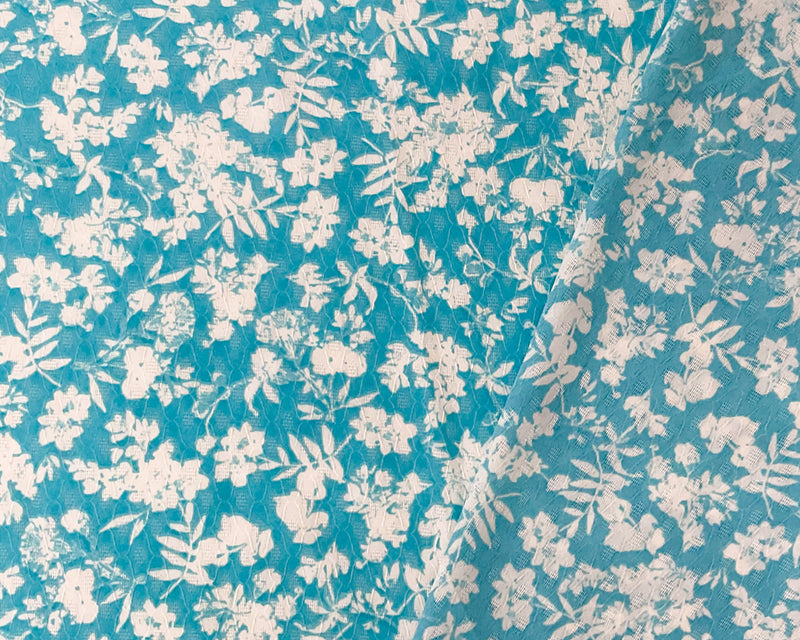 Turquoise-Ivory Floral Printed Ogee Dobby Chiffon Woven Fabric