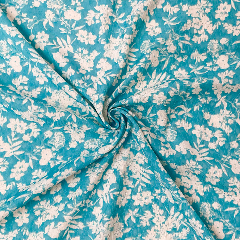Turquoise-Ivory Floral Printed Ogee Dobby Chiffon Woven Fabric