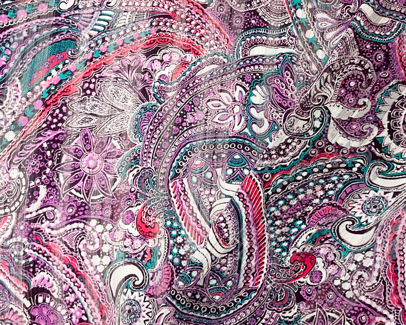 Purple-Multi Poly Paisley Print Satin Stripe Chiffon Woven Fabric