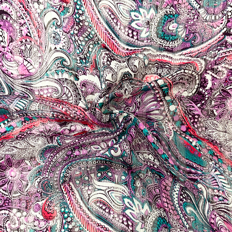 Purple-Multi Poly Paisley Print Satin Stripe Chiffon Woven Fabric