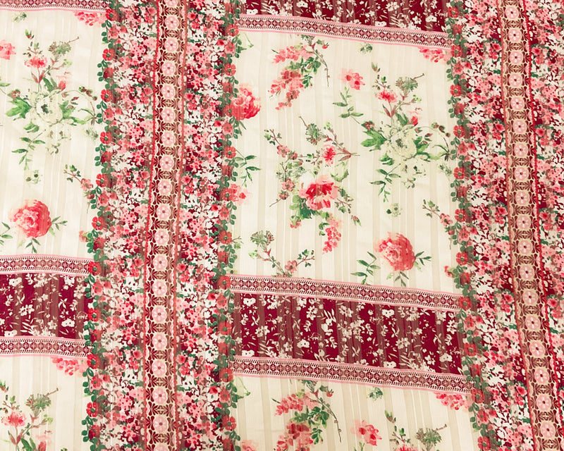Ivory-Multi Stripe Floral Print Satin Stripe Chiffon Woven Fabric