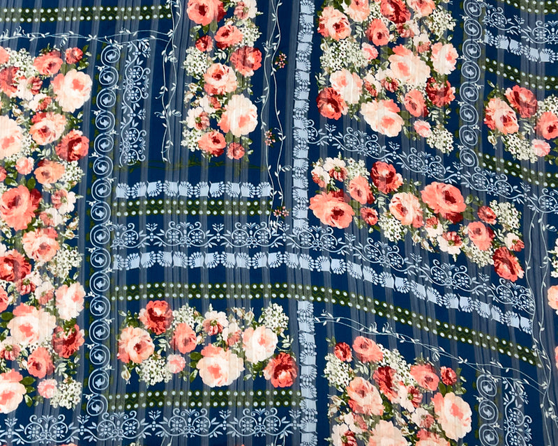 Blue-Multi Poly Floral Print Striped Satin Chiffon Woven Fabric