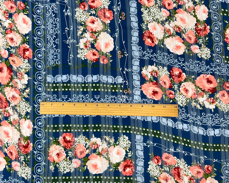 Blue-Multi Poly Floral Print Striped Satin Chiffon Woven Fabric