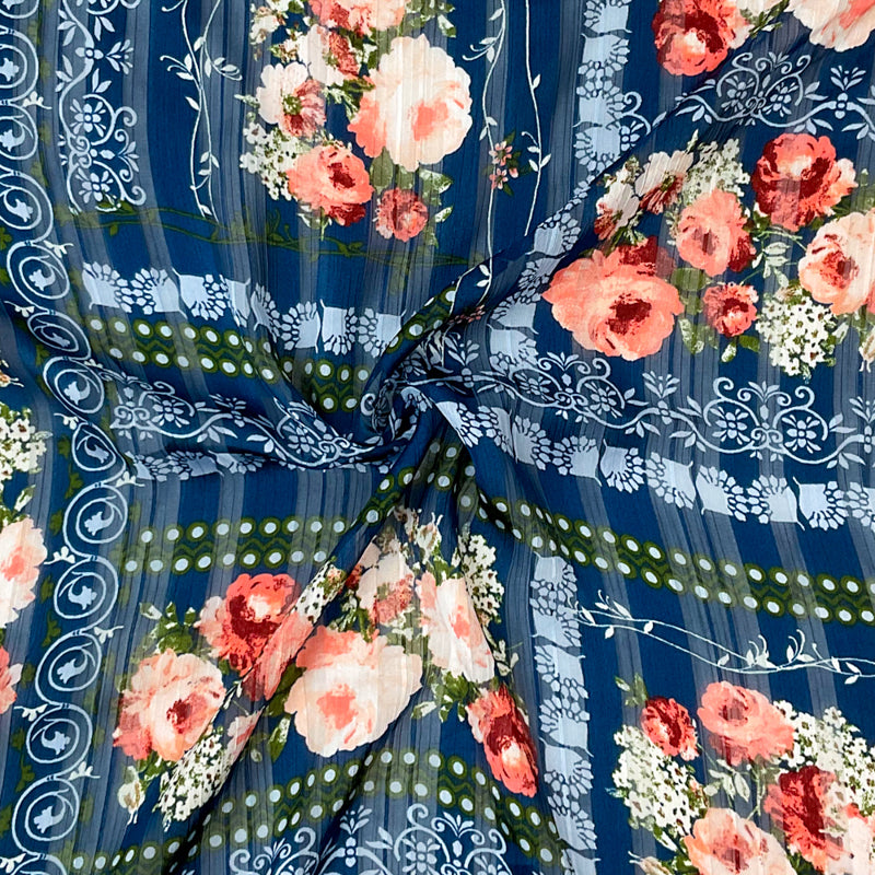 Blue-Multi Poly Floral Print Striped Satin Chiffon Woven Fabric