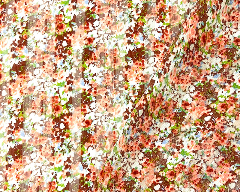 Brown-Multi Poly Floral Printed Satin Stripe Chiffon Woven Fabric