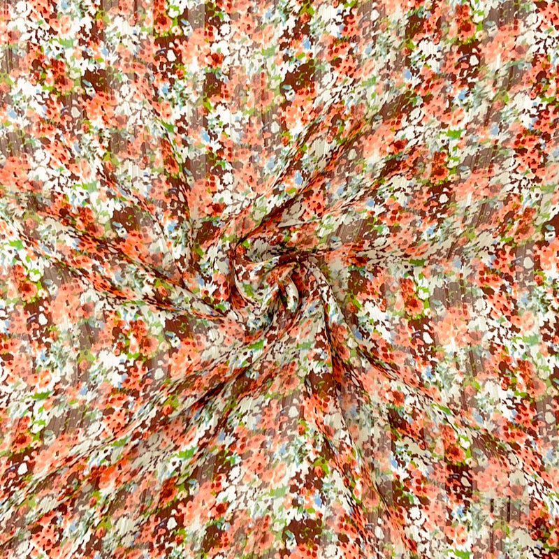 Brown-Multi Poly Floral Printed Satin Stripe Chiffon Woven Fabric
