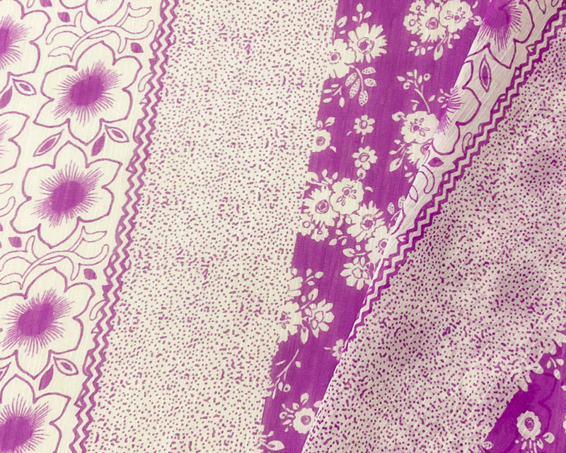 Purple-White Poly Floral Printed Yoryu Chiffon Woven Fabric