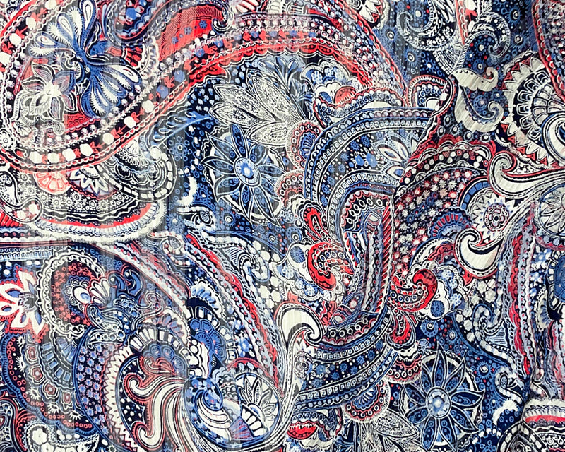 Blue-Multi Poly Paisley Printed Satin Stripe Chiffon Woven Fabric