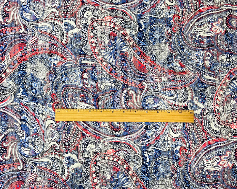 Blue-Multi Poly Paisley Printed Satin Stripe Chiffon Woven Fabric