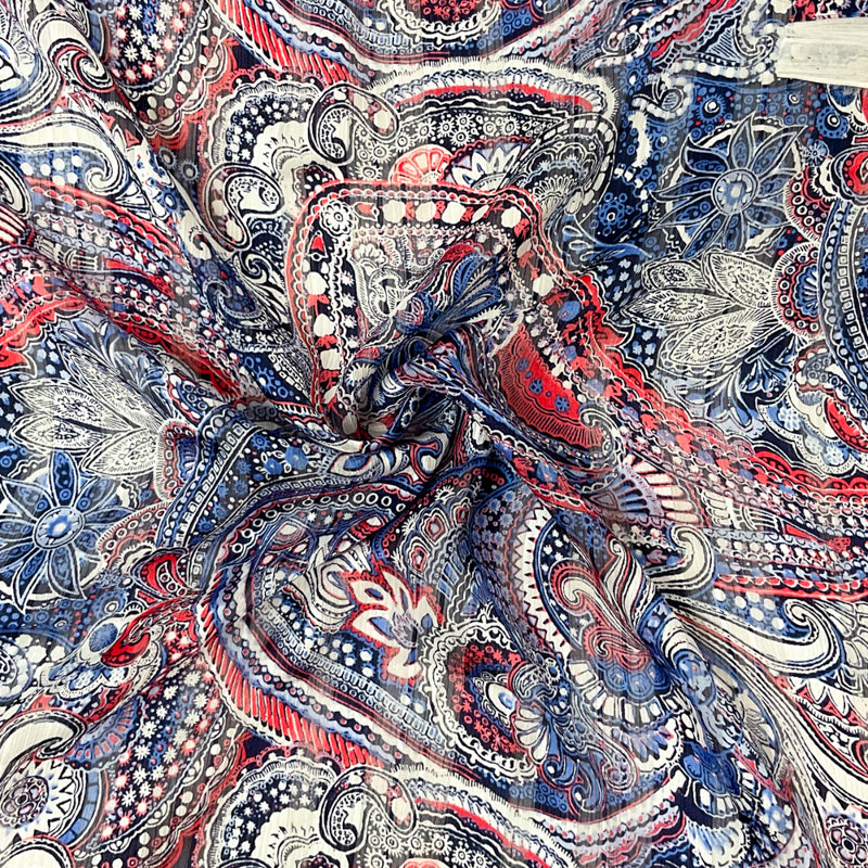 Blue-Multi Poly Paisley Printed Satin Stripe Chiffon Woven Fabric