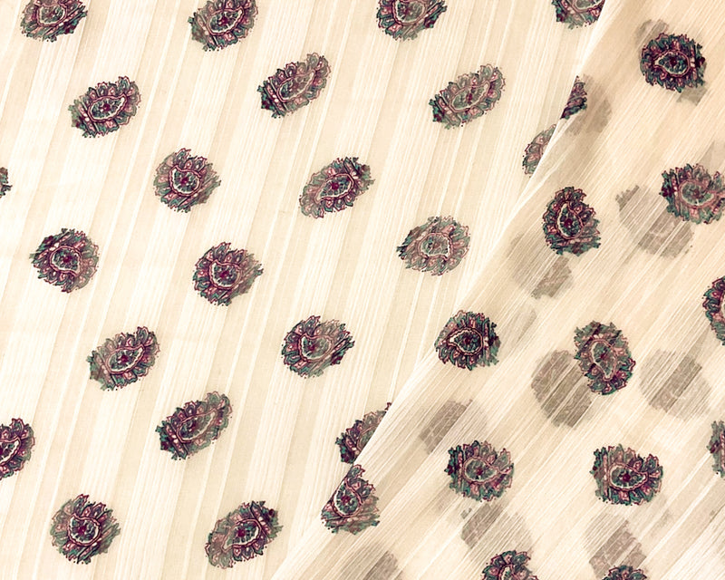 Off-White-Multi Paisley Print Stripe Satin Chiffon Woven Fabric