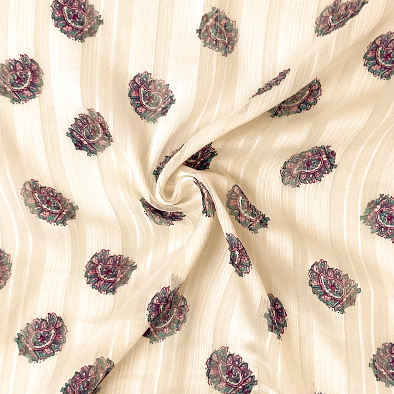 Off-White-Multi Paisley Print Stripe Satin Chiffon Woven Fabric