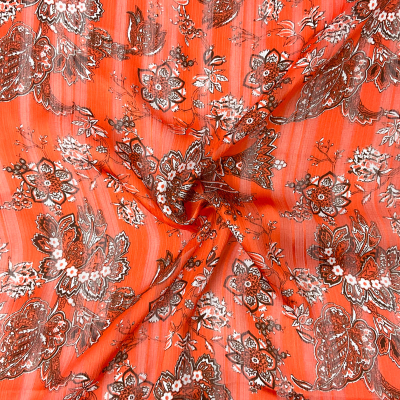 Orange-Multi Floral Printed Satin Stripe Chiffon Woven Fabric
