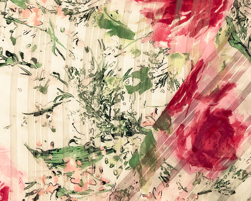 White-Multi Poly Floral Print Stripe Satin Chiffon Woven Fabric