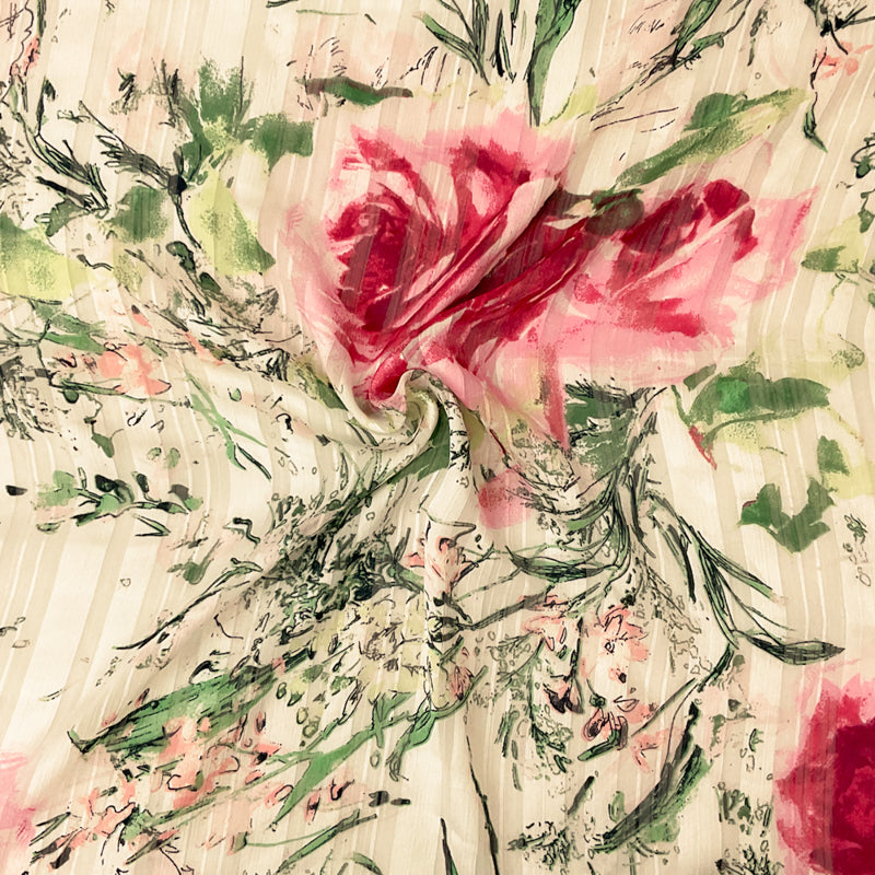 White-Multi Poly Floral Print Stripe Satin Chiffon Woven Fabric