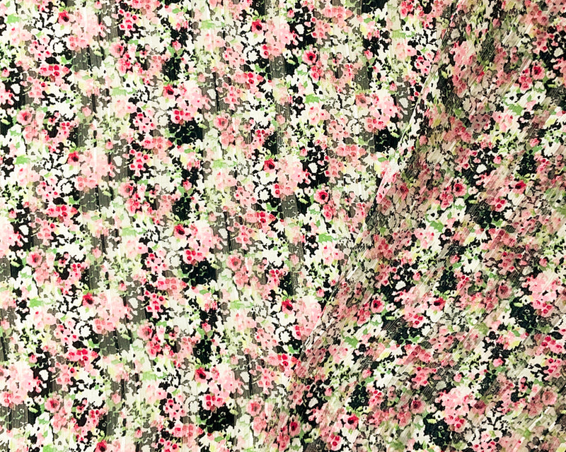 Black-Multi Poly Floral Printed Satin Stripe Chiffon Woven Fabric