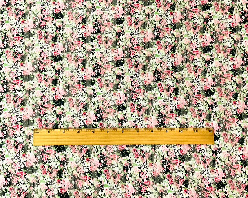 Black-Multi Poly Floral Printed Satin Stripe Chiffon Woven Fabric