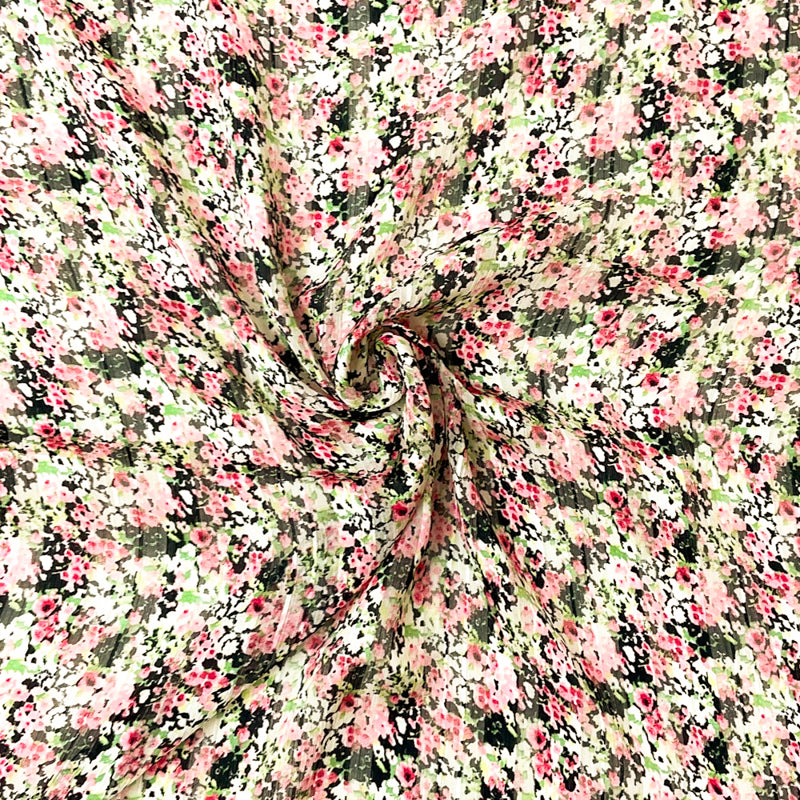 Black-Multi Poly Floral Printed Satin Stripe Chiffon Woven Fabric