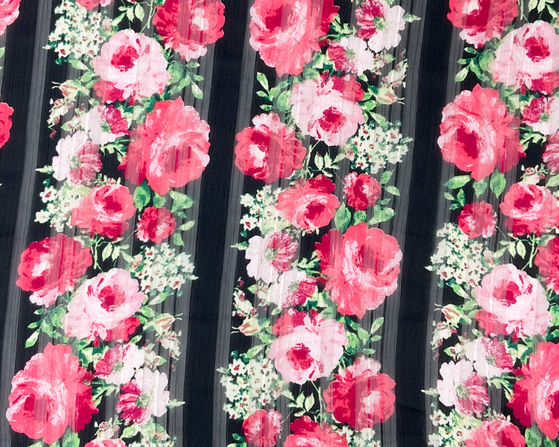 Red-Multi Poly Floral Printed Satin Stripe Chiffon Woven Fabric