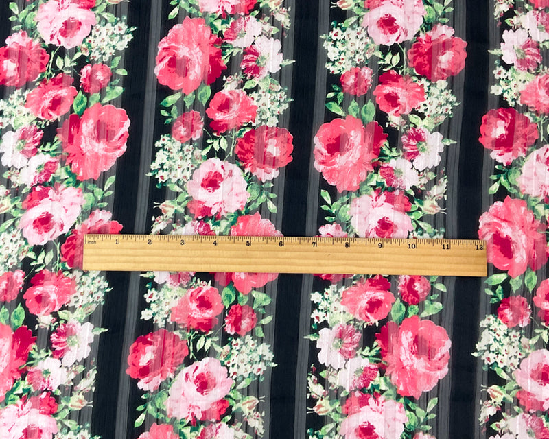 Red-Multi Poly Floral Printed Satin Stripe Chiffon Woven Fabric