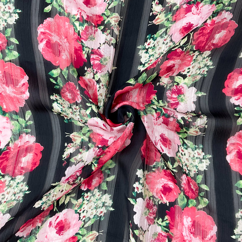 Red-Multi Poly Floral Printed Satin Stripe Chiffon Woven Fabric
