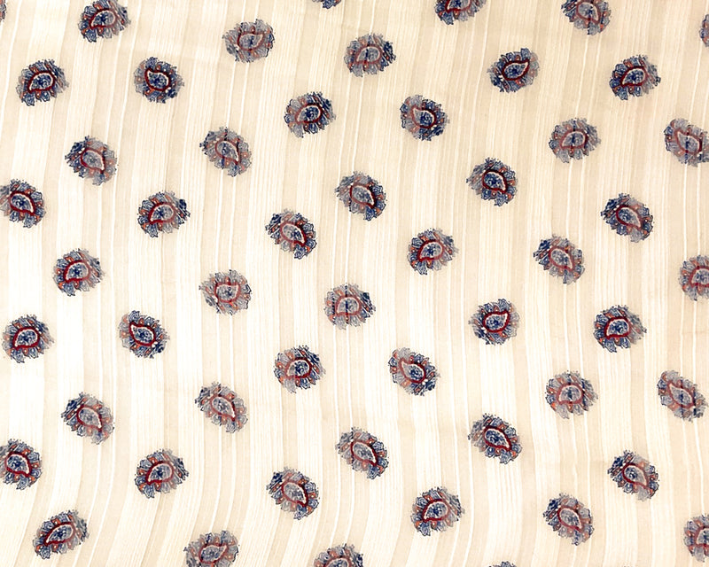 Ivory-Blue-Multi Poly Paisley Printed Satin Stripe Woven Fabric
