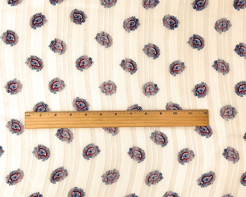 Ivory-Blue-Multi Poly Paisley Printed Satin Stripe Woven Fabric