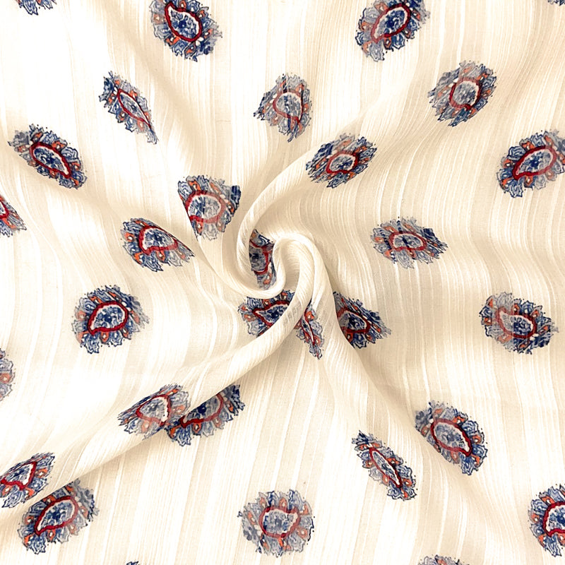Ivory-Blue-Multi Poly Paisley Printed Satin Stripe Woven Fabric
