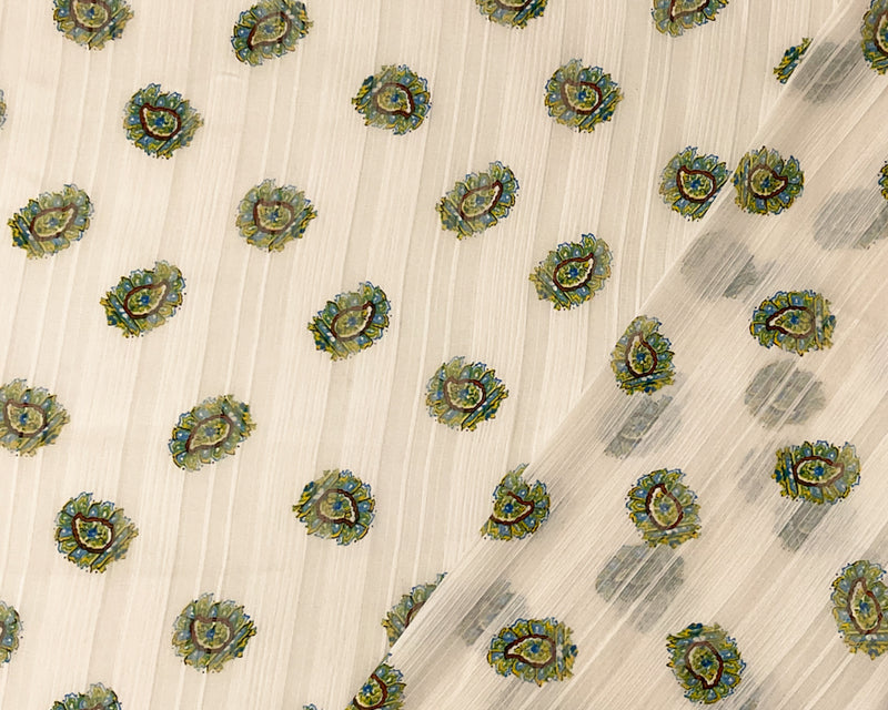 1 YD PC-Ivory-Multi Poly Paisley Print Satin Stripe Chiffon Woven Fabric