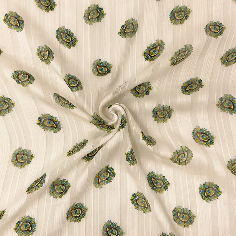 1 YD PC-Ivory-Multi Poly Paisley Print Satin Stripe Chiffon Woven Fabric