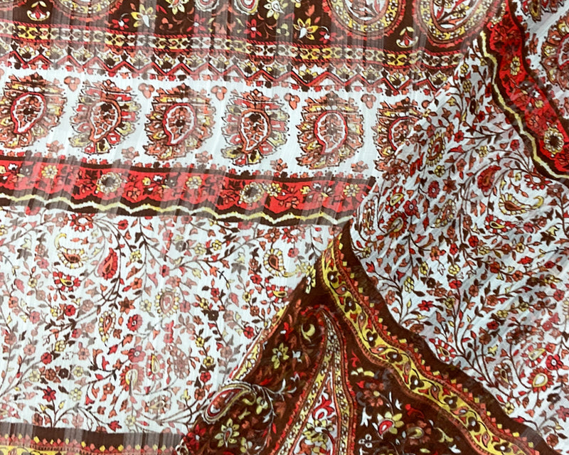 Brown-Multi Poly Paisley Print Satin Stripe Chiffon Woven Fabric