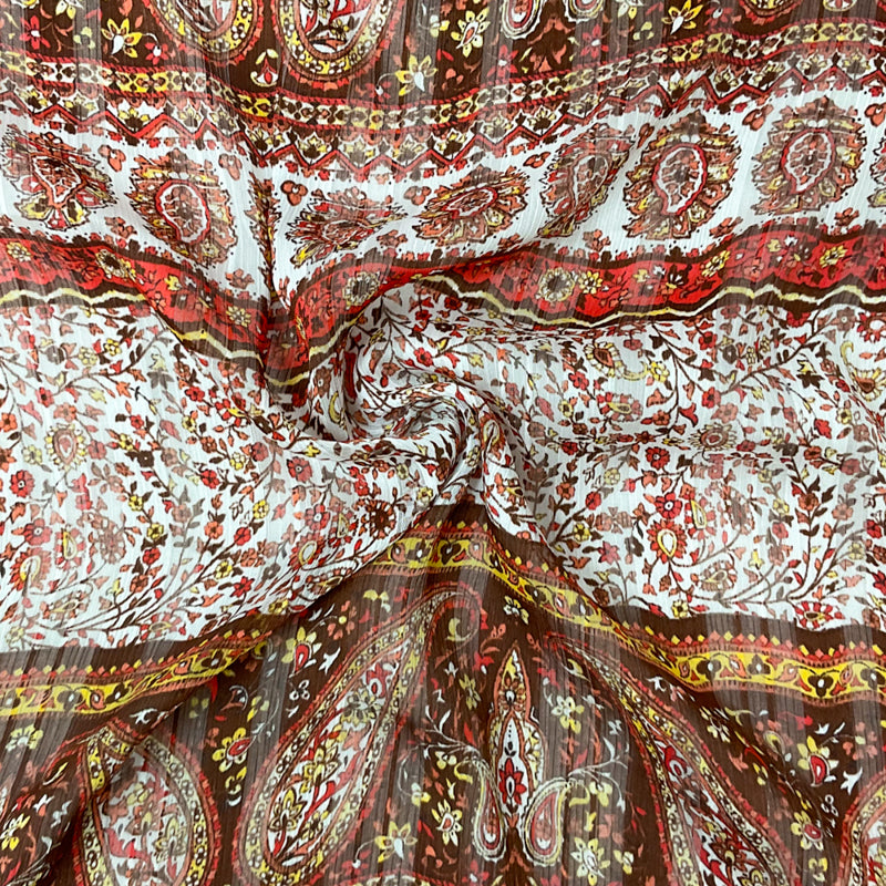 Brown-Multi Poly Paisley Print Satin Stripe Chiffon Woven Fabric