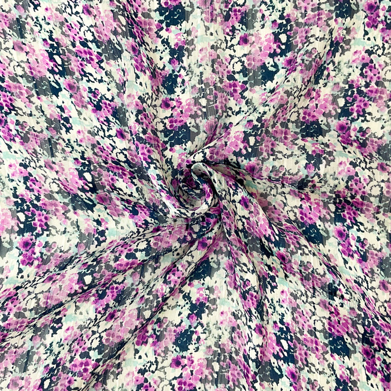 Purple-Multi Poly Floral Print Satin Stripe Chiffon Woven Fabric