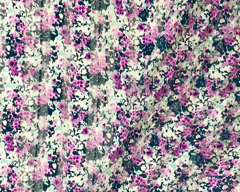 Purple-Multi Poly Floral Print Satin Stripe Chiffon Woven Fabric