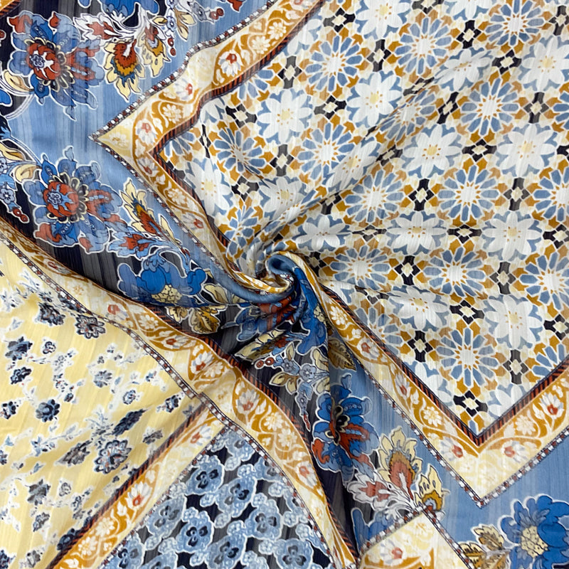 1 3/4 YD PC-Blue-Multi Poly Floral Printed Satin Stripe Chiffon Woven Fabric